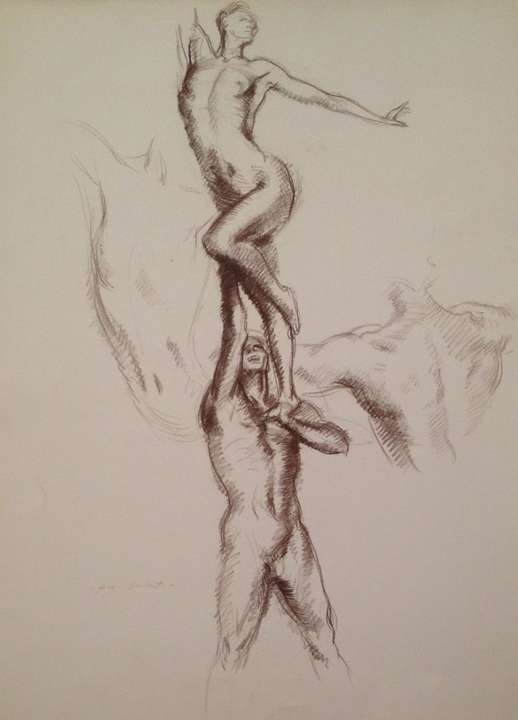 Quando la danza incontra l'amore, studio di ballerini movimento e armonia, di Gigi Busato. Disegno seppia su carta, collezione di famiglia