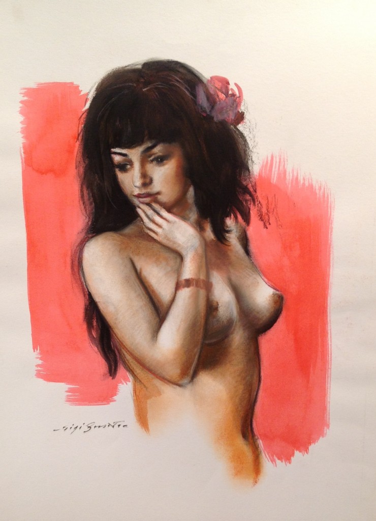 Penelope giovane donna mora con un fiore tra i capelli che posa nuda, di Gigi Busato. Disegno a tecnica mista su carta, collezione di famiglia