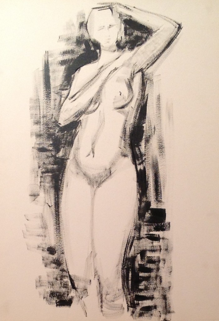 Posa, donna nuda in posa, di Gigi Busato. Disegno smalto su carta, collezione di famiglia.