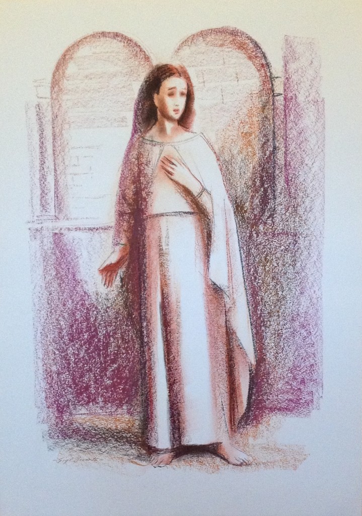Santa, donna in posa di Gigi Busato. Disegno a pastello su carta colorato. Collezione di famiglia