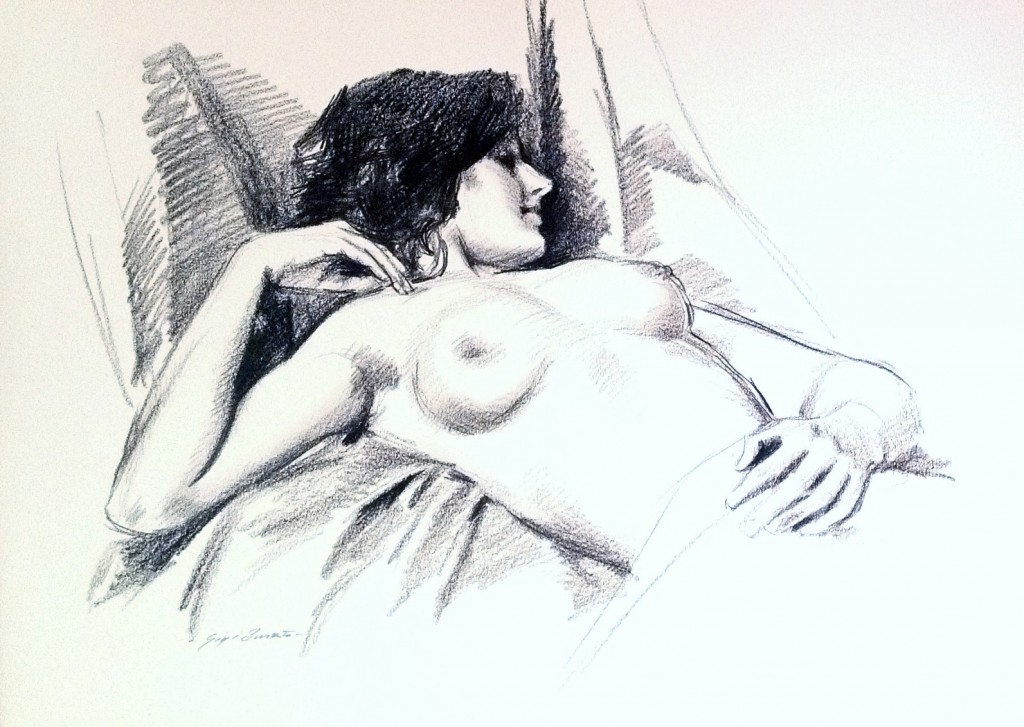 Nel giaciglio donna nuda che distesa riposa, di Gigi Busato. Disegno a matita su carta bianco e nero, collezione di famiglia