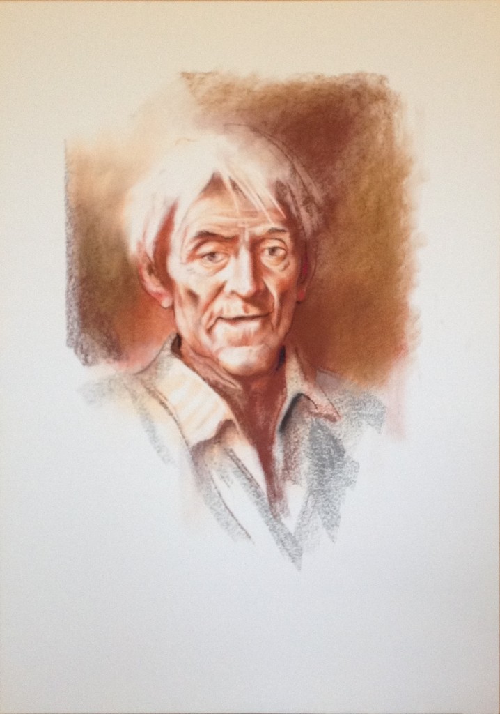 Comunicando, disegno di un uomo con un volto espressivo di Gigi Busato. Disegno a pastello su carta, collezione di famiglia