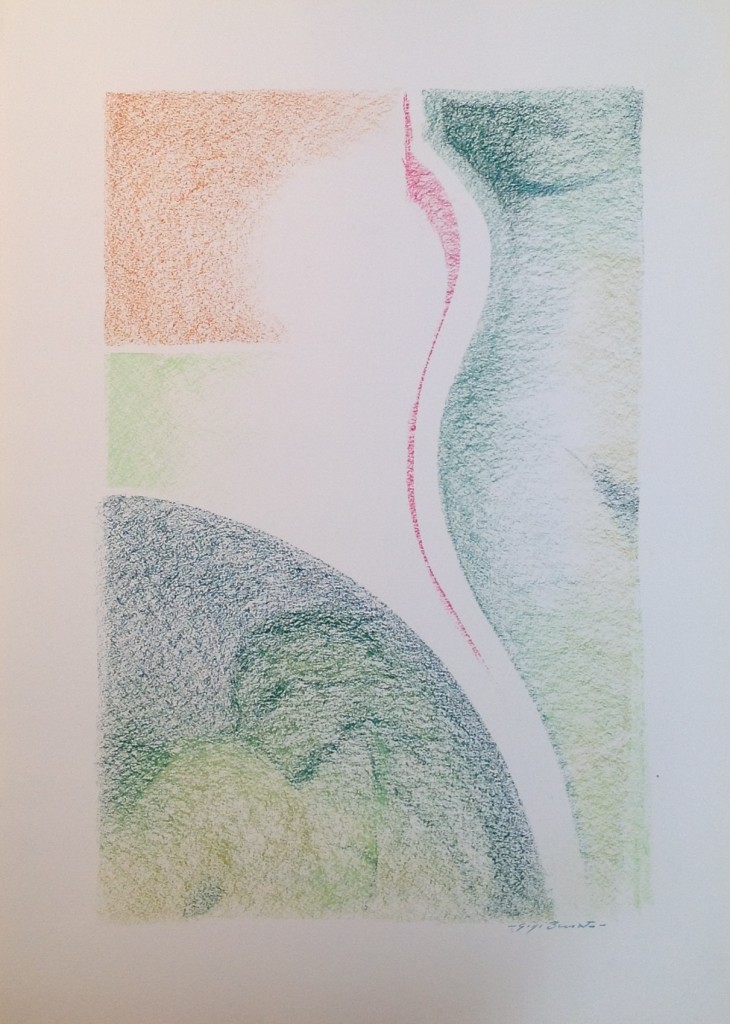 Oltre lei disegno astratto  corpo di donna e ombra di uomo, di Gigi Busato. Disegno pastello su carta colorato. Collezione di famiglia