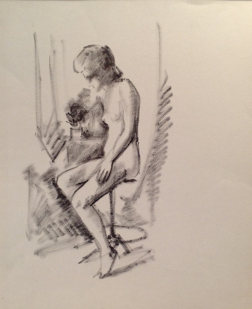 ConGrazia, donna nuda che con grazia posa seduta, di Gigi Busato. Disegno a smalto su carta. Collezione di famiglia
