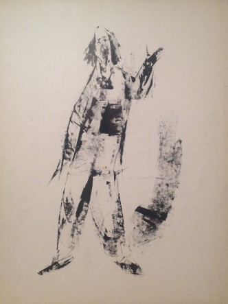 Clown, disegno di pagliaccio in una sua esibizione. Disegno su carta bianco e nero, collezione di famiglia
