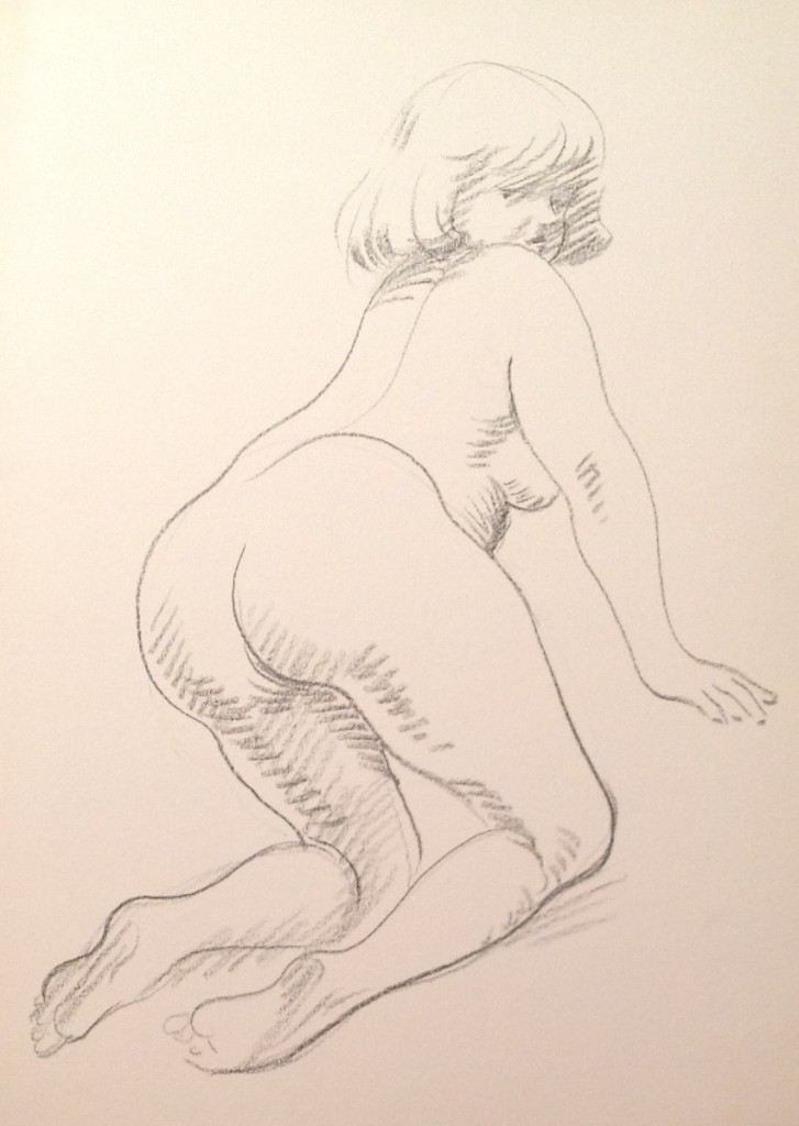 Carponi, donna in ginocchio che posa nuda, di Gigi Busato. Disegno a matita su carta in bianco e nero. Collezione di famiglia