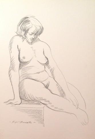 Imbarazzo, donna nuda seduta in posa di Gigi Busato. Disegno matita su carta bianco e nero. Collezione di famiglia