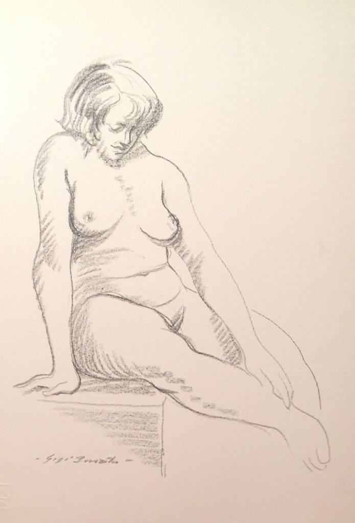 Imbarazzo, donna nuda seduta in posa di Gigi Busato. Disegno matita su carta bianco e nero. Collezione di famiglia
