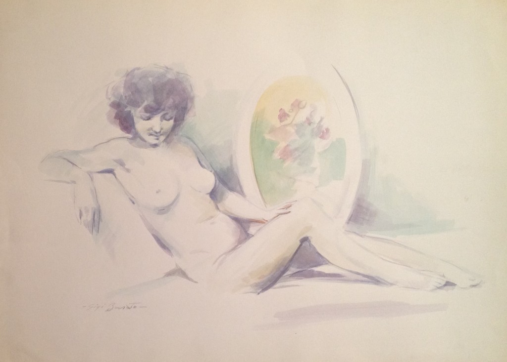 Maia donna nuda distesa davanti  allo specchio di Gigi Busato. Disegno  guazzo su carta, collezione di famiglia