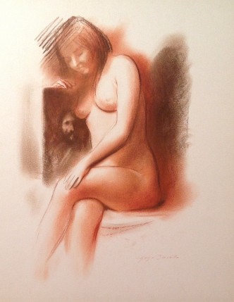 Pensando a lui, disegno di donna nuda pensierosa vicino al ritratto di un uomo . Gigi Busato disegno sanguigna/seppia su carta. Collezione di famiglia
