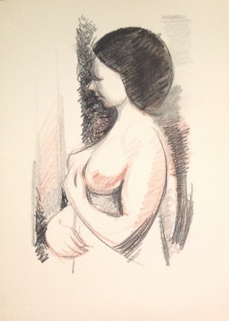 Guardandosi, profilo di donna nuda di Gigi Busato. Disegno a pastello su carta a colori, collezione di famiglia