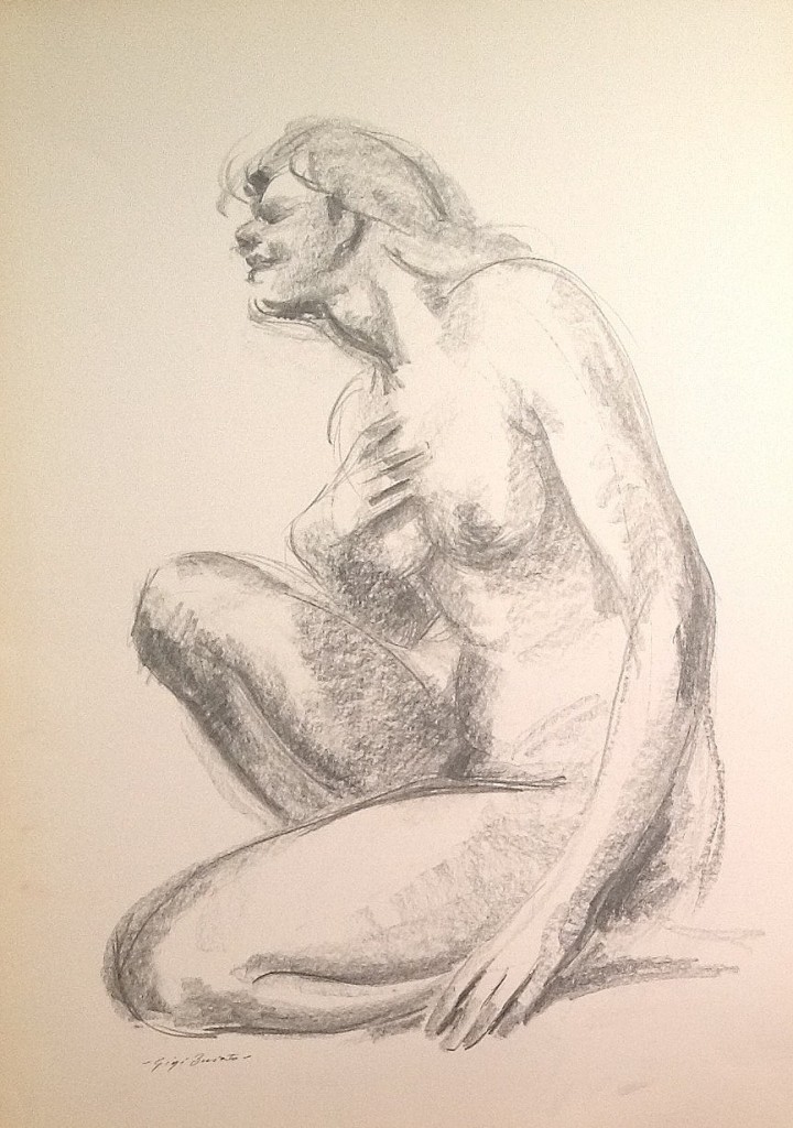 Donna in posa, l'opera ritrae una giovane donna nuda in ginocchio con fare dispiaciuto, di Gigi Busato. Disegno a matita su carta bianco e nero, collezione di famiglia.