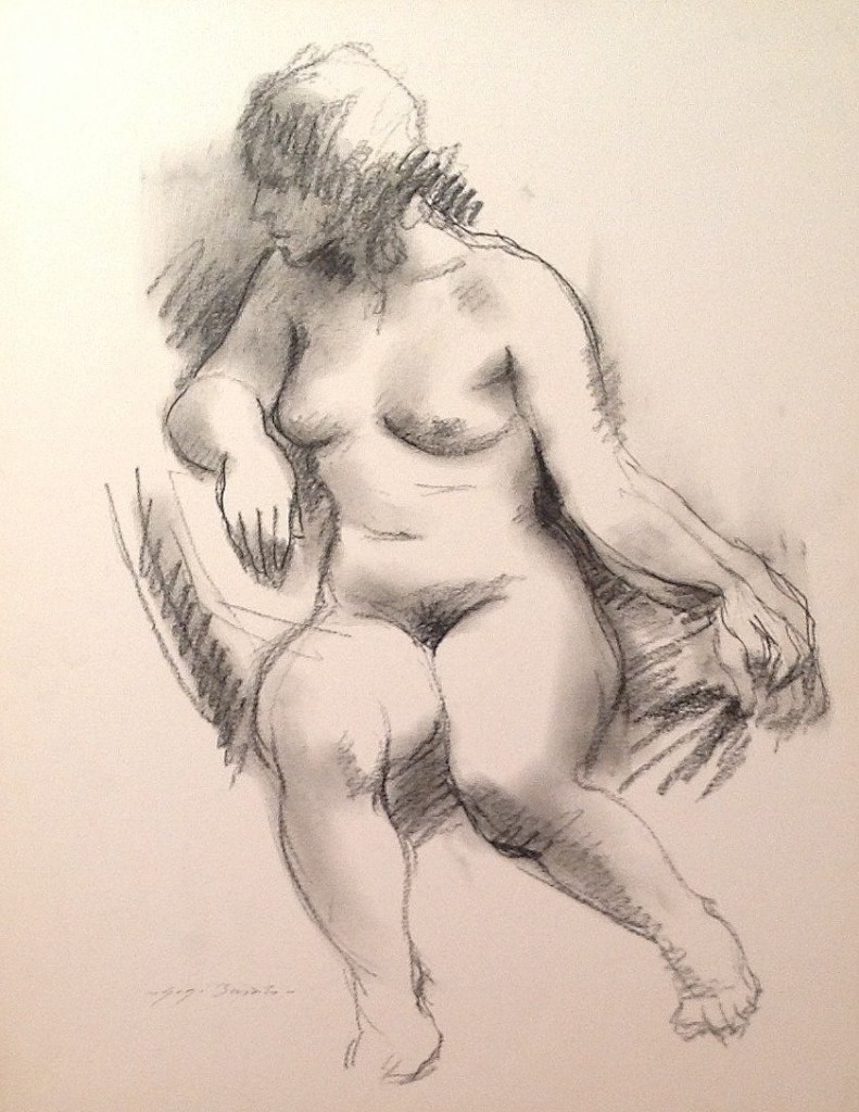 Amaca, disegno di donna nuda che si dondola , di Gigi Busato. Disegno a carboncino su carta. Collezione di famiglia
