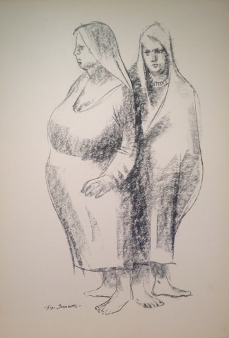Massaiea, due donne contadine di Gigi Busato. Disegno a carboncino su carta in bianco e nero, collezione di famiglia