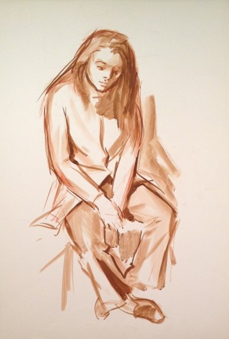 Magda, giovane donna seduta. Di Gigi Busato disegno guazzo su carta, collezione di famiglia