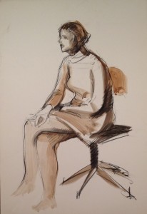 In ufficio, donna seduta su una sedia nel suo ufficio. Disegno  di Gigi Busato a tecnica mista su carta a colori. Collezione di famiglia