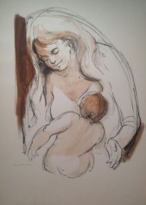 La cura, madre che allatta il bambino di Gigi Busato, disegno a tecnica mista su carta. Collezione di famiglia