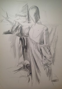 Esortare, disegno di Gigi Busato , matita su carta in bianco e nero. Collezione di famiglia