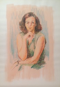 Luisella, donna con gli occhiali in posa di Gigi Busato. Disegno a tecnica mista su carta. Collezione di famiglia