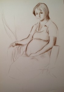 L'ottavo mese, disegno di donna seduta incinta all'ottavo mese, seppia su carta, collezione di famiglia