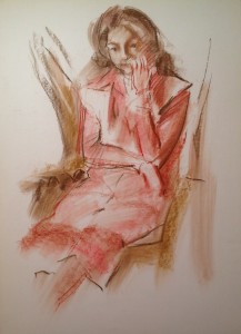 Maestra dal vestito rosa, donna seduta pensierosa. Di Gigi Busato disegno pastello su carta a colori. Collezione di famiglia