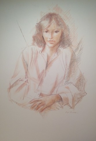 Mite, ritratto di donna dall'aria mite e pacata, di Gigi Busato. Disegno a pastello su carta a colori. Collezione di famiglia.