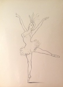 La danza del pavone, donna con il tutù ce danza con piume e cappello. Disegno a pennarello su carta in bianco e enro di Gigi Busato. Collezione di famiglia