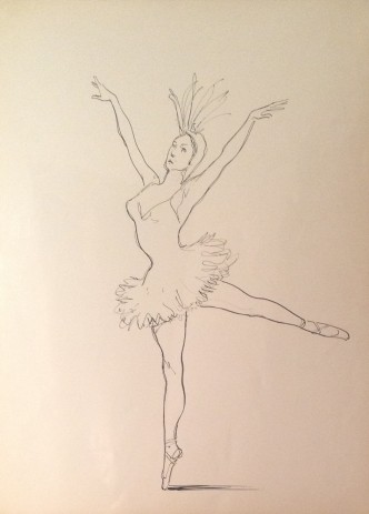 La danza del pavone, donna con il tutù ce danza con piume e cappello. Disegno a pennarello su carta in bianco e enro di Gigi Busato. Collezione di famiglia