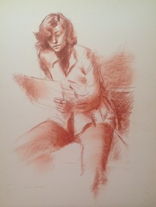 Laura, donna seduta nell'ora della lettura . Disegno di Gigi Busato, sanguigna su carta. Collezione di famigia