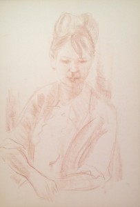 La dottoressa di Gigi Busato. Donna seduta in posa, disegno pastello su carta a colori. Collezione di famiglia