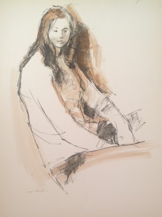 Pina, donna seduta in posa. Disegno a tecnica mista u carta, collezione di famiglia