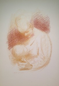 Genitrice, di Gigi Busato. Donna che abbraccia il suo bambino. Disegno a pastello su carta a colori. Collezione di famiglia.