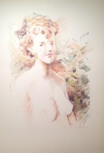 Frescura, donna nuda in posa con i capelli raccolti di Gigi Busato. Olio su carta a colori. Collezione di famiglia.