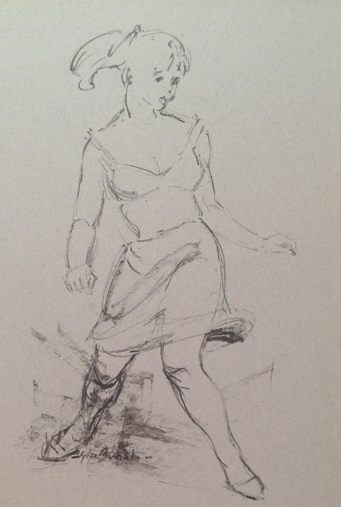 Sottana di Gigi Busato, giovane donna che corre con una sottana. collezione di famiglia,china su carta