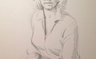 Professoressa di Gigi Busato, donna seduta in posa. disegno a matita su carta, collezine di famiglia