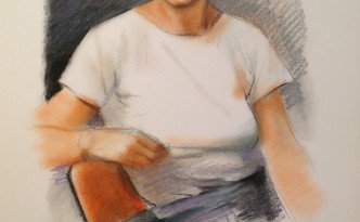 Zia Maria di Gigi Busato. Ritratto di donna seduta in posa. Disegno pastello su carta, collezione di famiglia