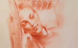 In sonne di Gigi Busato. Ritratto di donna distesa pensierosa. Disegno sanguigna su carta, collezione di famiglia