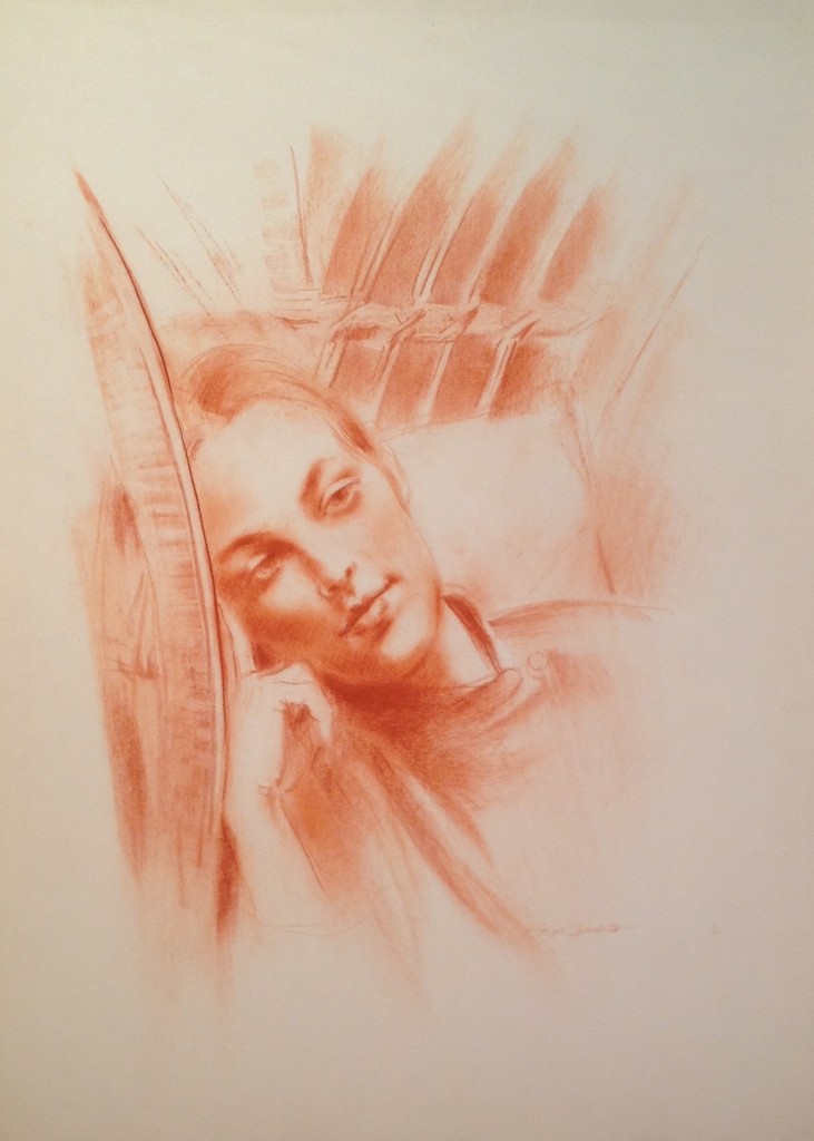 In sonne di Gigi Busato. Ritratto di donna distesa pensierosa. Disegno sanguigna su carta, collezione di famiglia