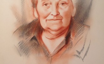 NonNina di Gigi Busato. Ritratto di donna anziana in posa. Disegno pastello su carta, collezione di famiglia