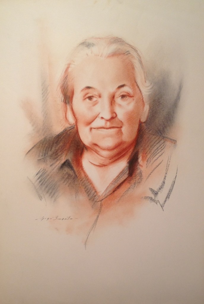 NonNina di Gigi Busato. Ritratto di donna anziana in posa. Disegno pastello su carta, collezione di famiglia
