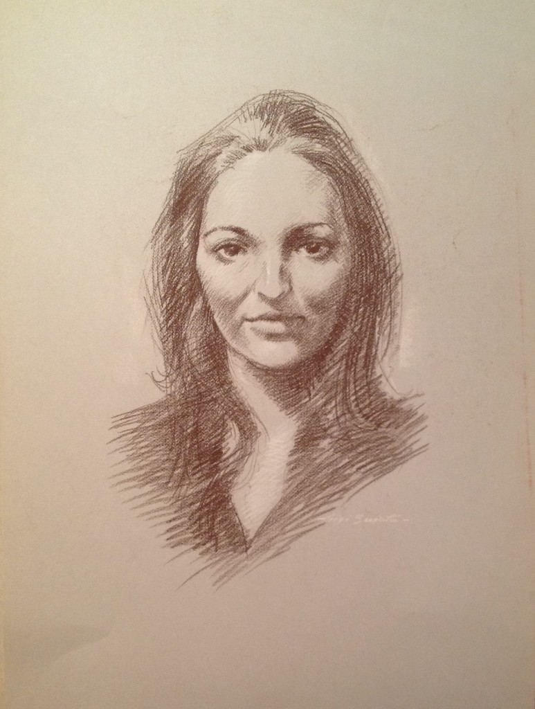 Marica di Gigi Busato. Ritratto di giovane donna. Disegno seppia su carta, collezione di famiglia