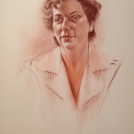 Sospettosa di Gigi Busato, Ritratto donna dallo sguardo sospettoso. Disegno pastello su carta, collezione di famiglia