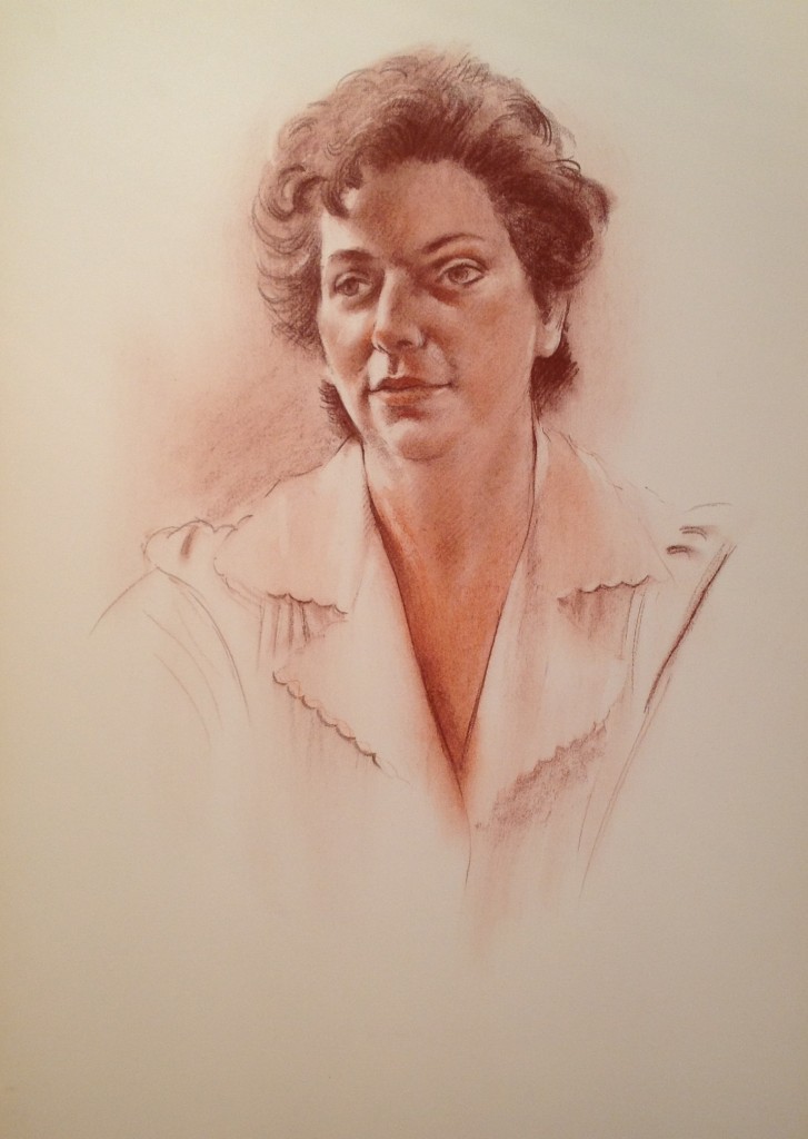 Sospettosa di Gigi Busato, Ritratto donna dallo sguardo sospettoso. Disegno pastello su carta, collezione di famiglia