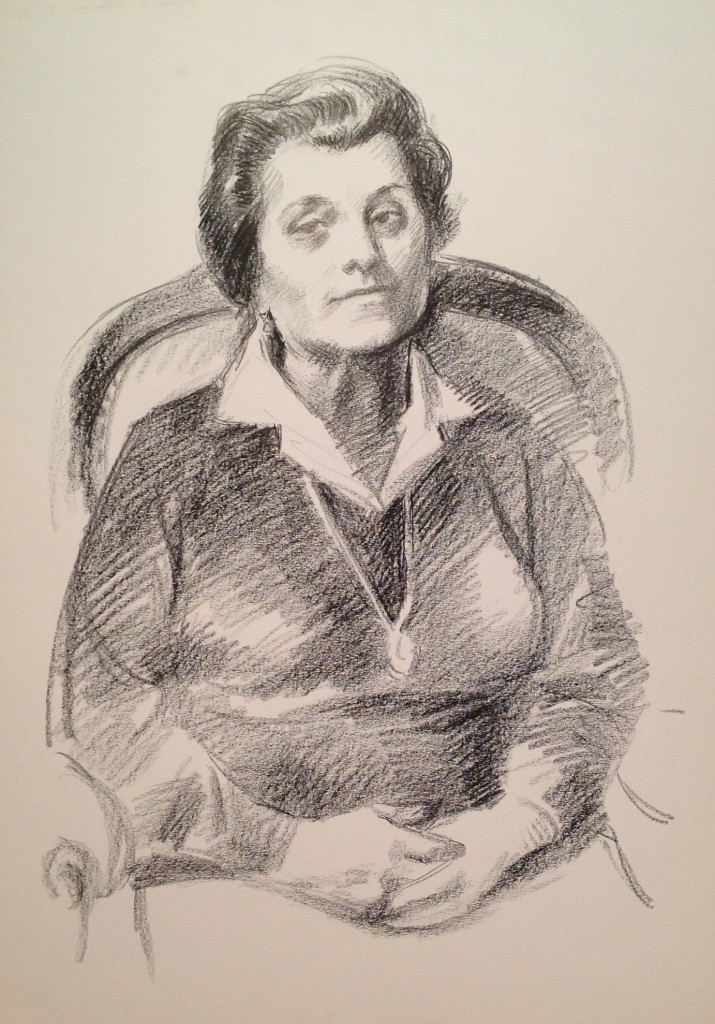 Donna Fausta di Gigi Busato. Ritratto di donna. Disegno matita su carta bianco e nero. Collezione di famiglia