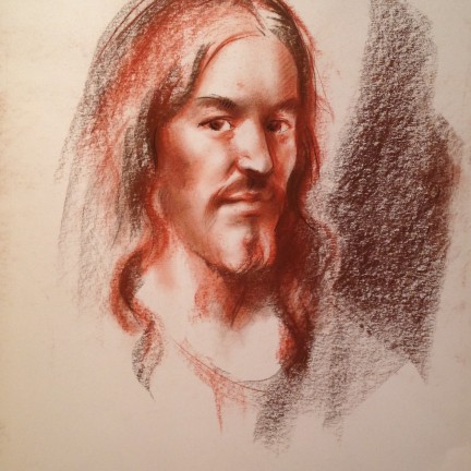 Quel volto di Gigi Busato. Ritratto di un uomo. Disegno sanguigna/seppia su carta, collezione di famiglia