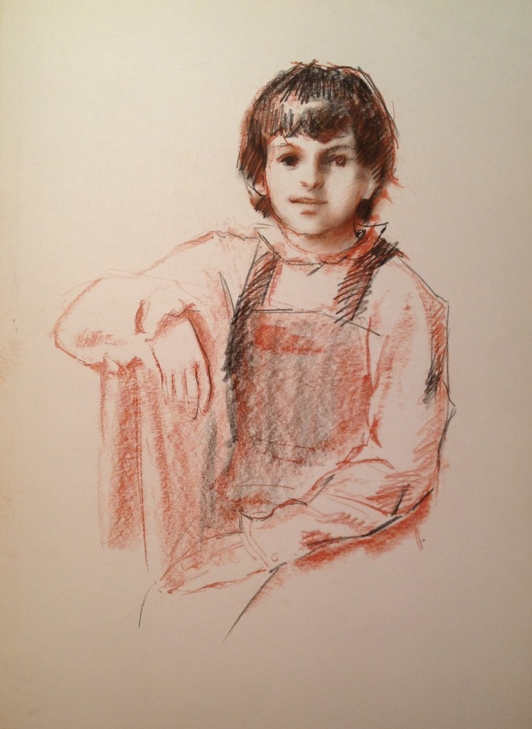 Vivace di Gigi Busato. Ritratto di giovane bambino. Disegno pastello su carta, collezione di famiglia