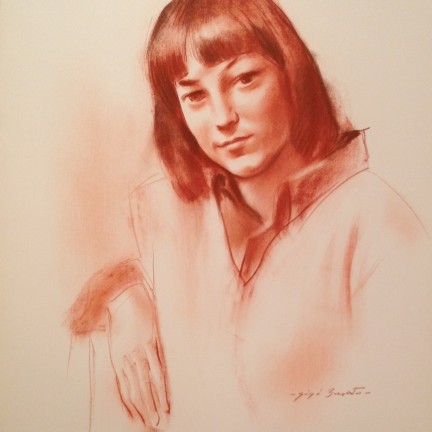 Nella mia immagine di Gigi Busato. Ritratto di giovane donna seduta. Disegno sanguigna su carta , collezione di famiglia