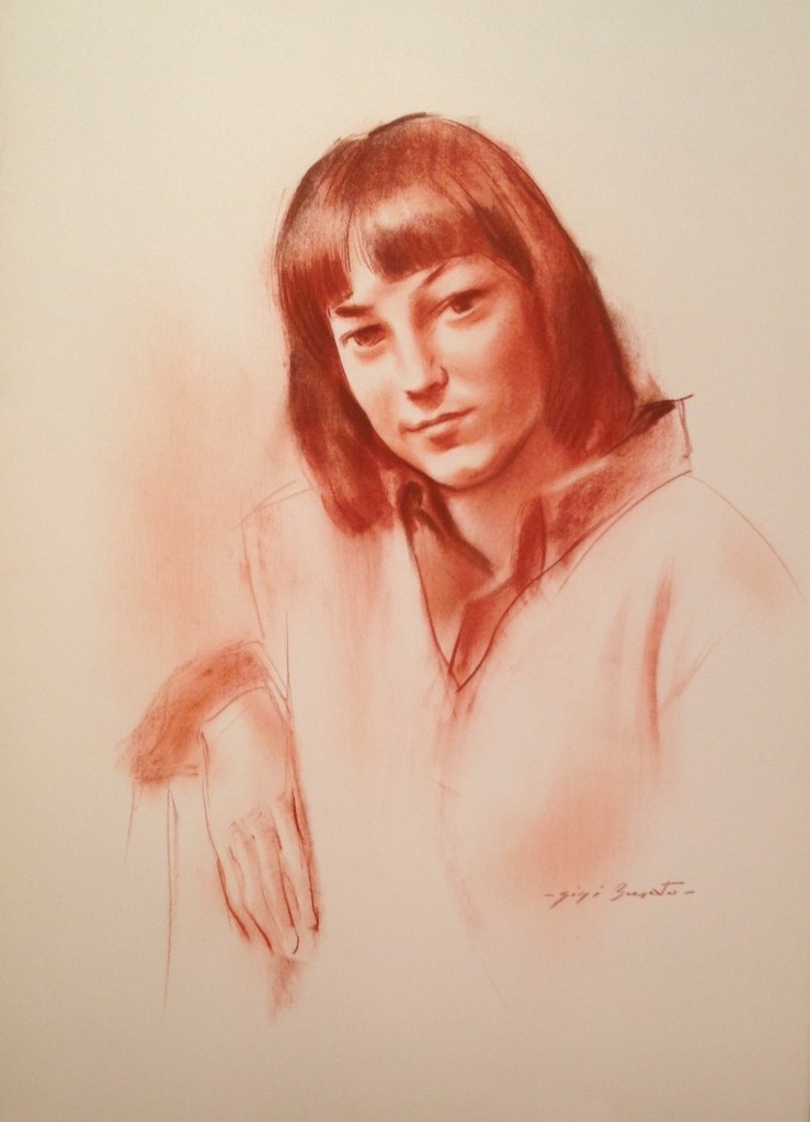 Nella mia immagine di Gigi Busato. Ritratto di giovane donna seduta. Disegno sanguigna su carta , collezione di famiglia