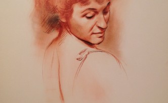 Non volevo di Gigi Busato. Ritratto di donna di spalle- Disegno a colori pastello su carta, collezione di famiglia