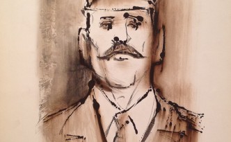 Addio soldato addio di Gigi Busato, ritratto di un uomo in divisa pronto per partire. Disegno smalto-gesso su carta, collezione di famiglia